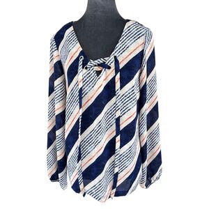 Laundry Shelli Segal Navy Nautical Stripe Edgy Grommet‎ Lace Up V-Neck Blouse S